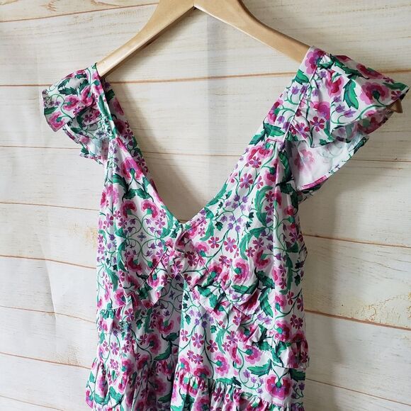 MISA x Revolve Morrison Floral Cotton Strappy Tiered Spring Fuschia Midi Dress - Picture 9 of 15